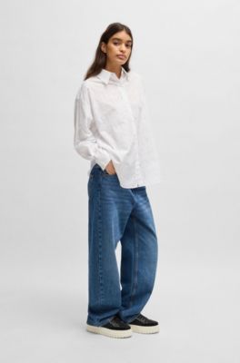 Blusa oversize fit con logo estampado en devor&eacute;, Blanco estampado