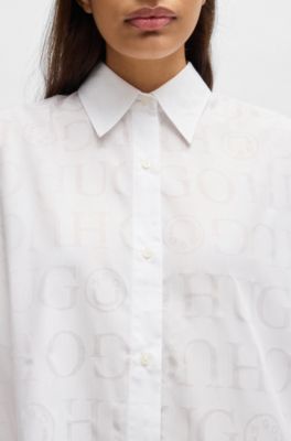 Blusa oversize fit con logo estampado en devor&eacute;, Blanco estampado