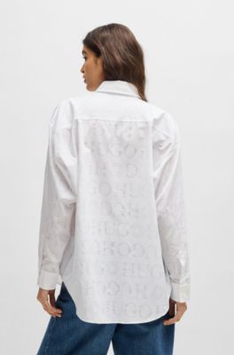 Oversized-fit blouse with devor&eacute; logo print, White Patterned
