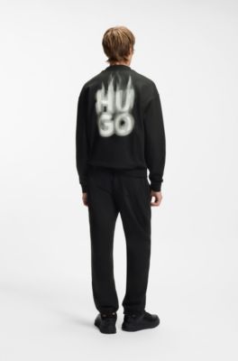 Cotton-terry tracksuit bottoms with smoke logo, Black