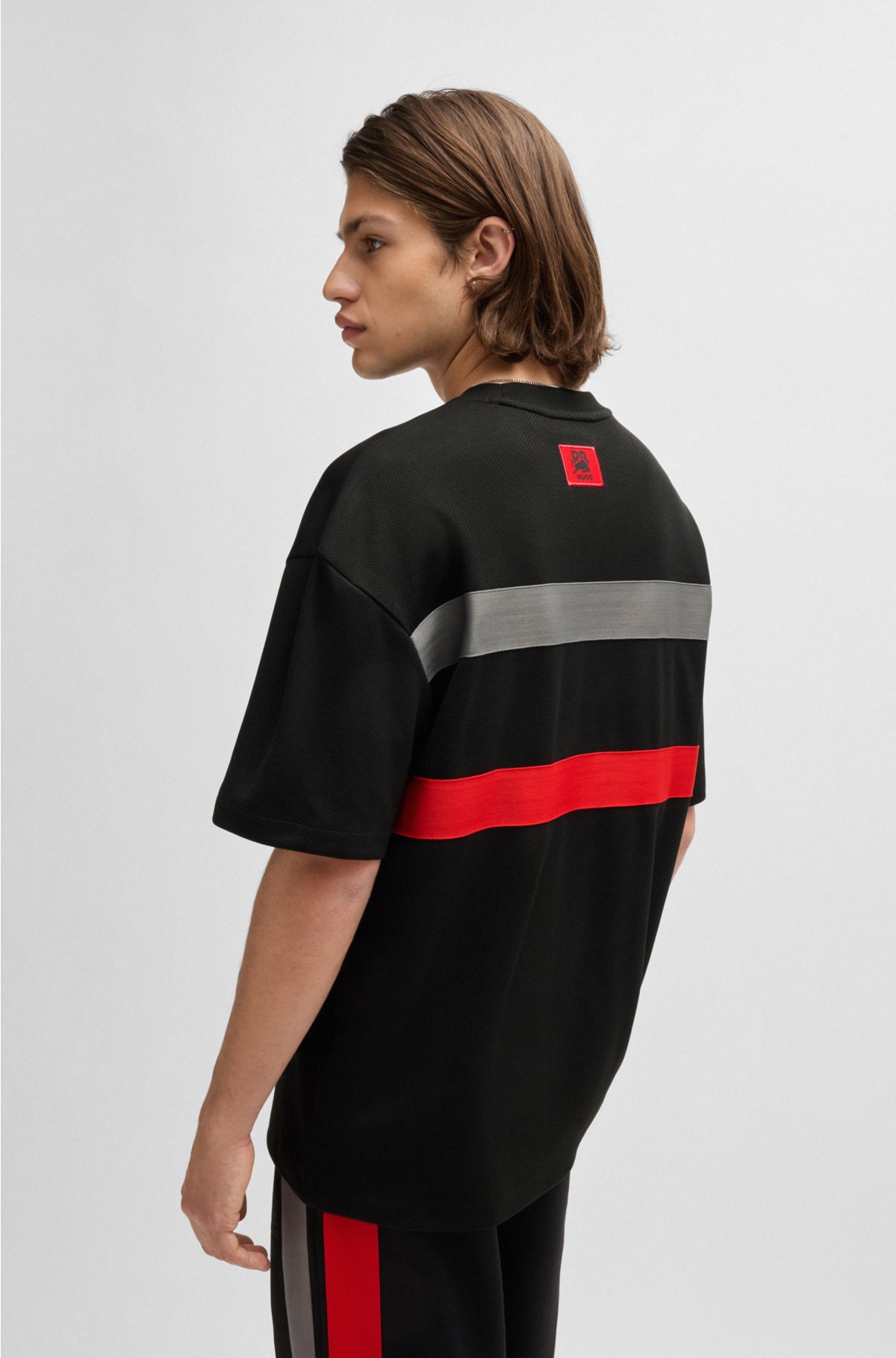 HUGO x RB oversized-fit mesh T-shirt with signature bull motif, Black