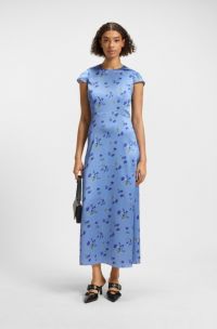 Robe longue à mancherons et imprimé à fleurs, Bleu à motif