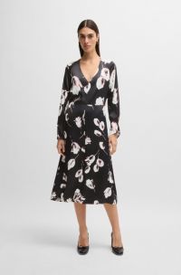 Satijnen jurk met V-hals en tulpenprint, Zwart met dessin