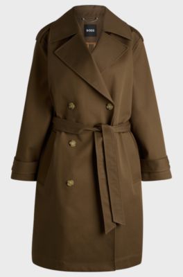 Double-breasted coat in water-repellent cotton, Khaki