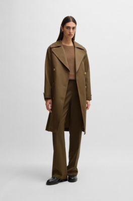 Double-breasted coat in water-repellent cotton, Khaki