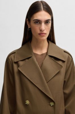 Double-breasted coat in water-repellent cotton, Khaki