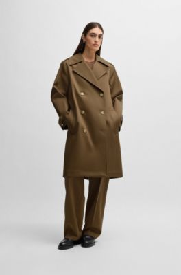 Double-breasted coat in water-repellent cotton, Khaki