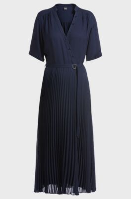 Belted dress with pliss&eacute; skirt, Dark Blue