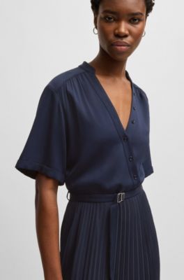 Belted dress with pliss&eacute; skirt, Dark Blue
