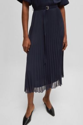 Belted dress with pliss&eacute; skirt, Dark Blue