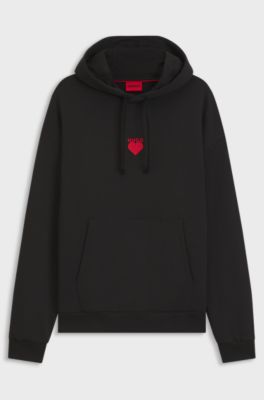 Cotton-terry hoodie with slogan and heart graphics, Black