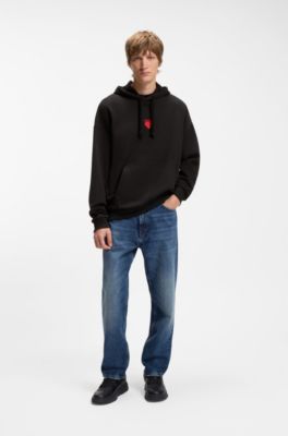 Cotton-terry hoodie with slogan and heart graphics, Black