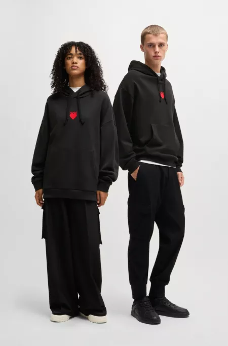Cotton-terry hoodie with slogan and heart graphics