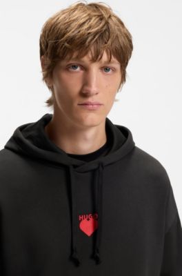 Cotton-terry hoodie with slogan and heart graphics, Black