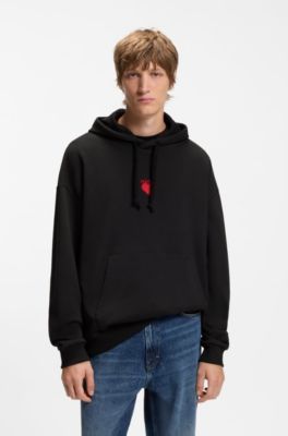 Cotton-terry hoodie with slogan and heart graphics, Black