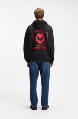 Cotton-terry hoodie with slogan and heart graphics, Black