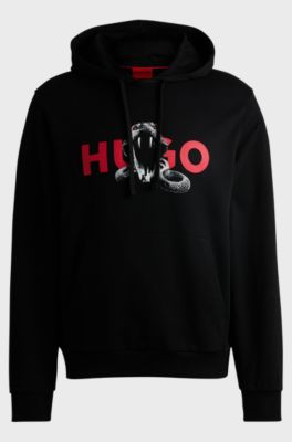 Cotton-terry hoodie with animal graphic prints, Black