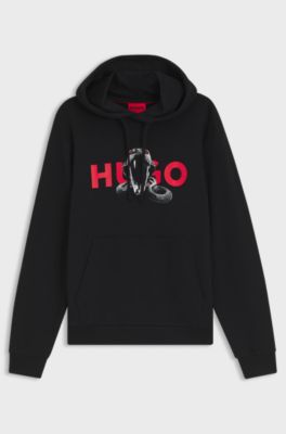 Cotton-terry hoodie with animal graphic prints, Black