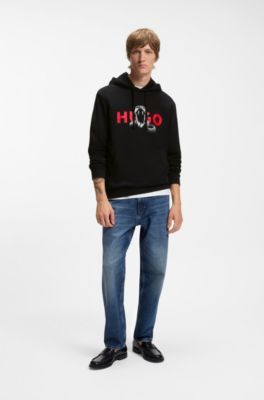 Cotton-terry hoodie with animal graphic prints, Black