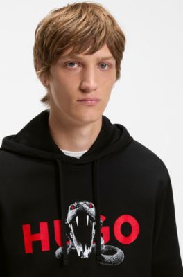 Cotton-terry hoodie with animal graphic prints, Black