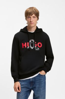 Cotton-terry hoodie with animal graphic prints, Black