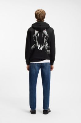 Cotton-terry hoodie with animal graphic prints, Black