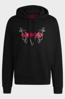 Cotton-terry hoodie with animal graphic prints, Black