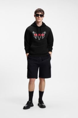 Hoodie van katoenen sweatstof met grafische dierenprints, Zwart