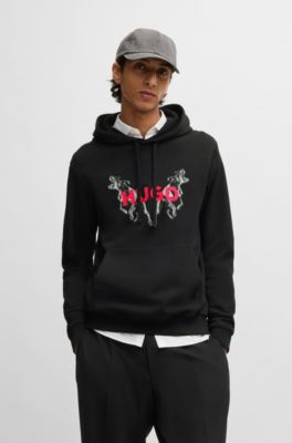 Cotton-terry hoodie with animal graphic prints, Black