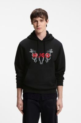 Felpa con cappuccio in terry di cotone con stampe grafiche animalier, Nero