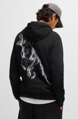 Cotton-terry hoodie with animal graphic prints, Black