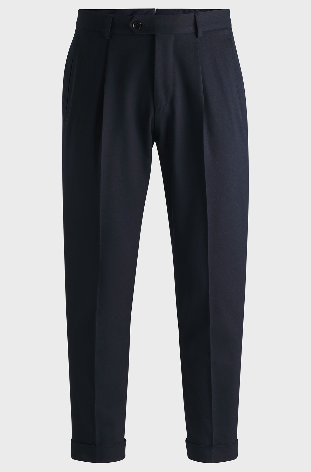 Relaxed-fit trousers in cotton, virgin wool and stretch, Dark Blue
