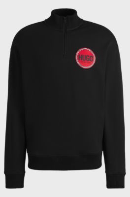 Cotton-terry quarter-zip sweatshirt with logo print, Black