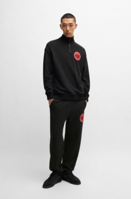 Cotton-terry quarter-zip sweatshirt with logo print, Black