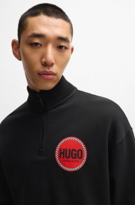 Cotton-terry quarter-zip sweatshirt with logo print, Black