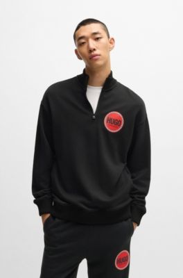 Cotton-terry quarter-zip sweatshirt with logo print, Black