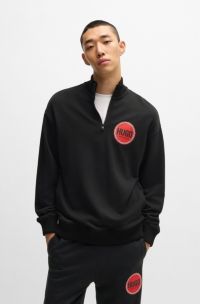 Cotton-terry quarter-zip sweatshirt with logo print, Black