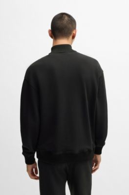 Cotton-terry quarter-zip sweatshirt with logo print, Black