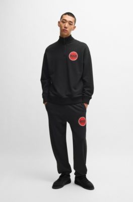 Cotton-terry tracksuit bottoms with logo print, Black