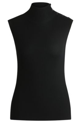 Mock-neck top in merino wool with button detail, Black