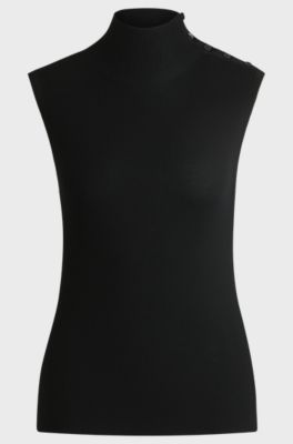 Mock-neck top in merino wool with button detail, Black