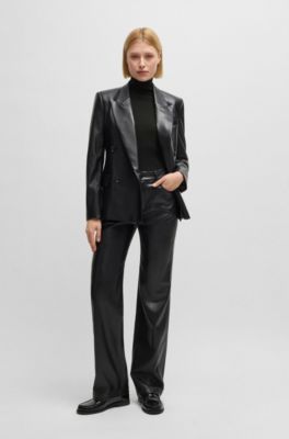 Mock-neck top in merino wool with button detail, Black