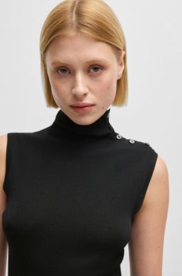 Mock-neck top in merino wool with button detail, Black