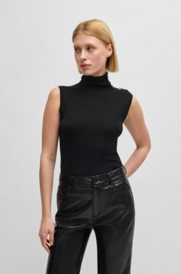 Mock-neck top in merino wool with button detail, Black