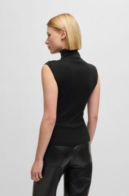 Mock-neck top in merino wool with button detail, Black