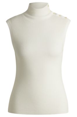 Mock-neck top in merino wool with button detail, White