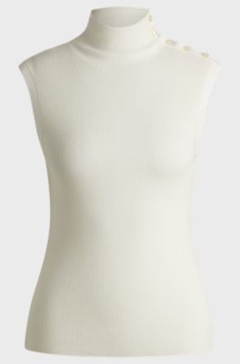 Mock-neck top in merino wool with button detail, Natural