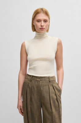 Mock-neck top in merino wool with button detail, White