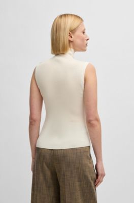 Mock-neck top in merino wool with button detail, White