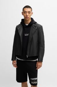 Motorsport-inspired leather jacket with 3D detailing, Black